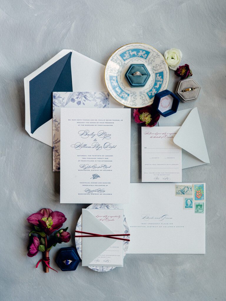 classic blue wedding, wedding flat lay, wedding styling, invitation styling, linen ring box